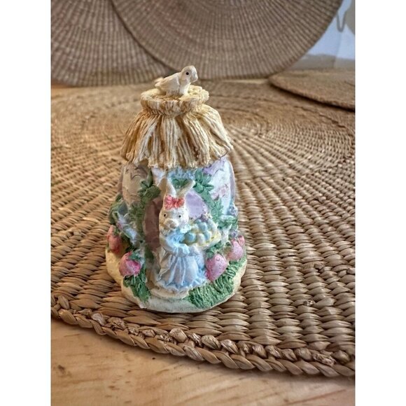 Vintage Cottagecore Bunny & Bird Ceramic Figurine – Whimsical Straw Hut Design - Picture 1 of 6